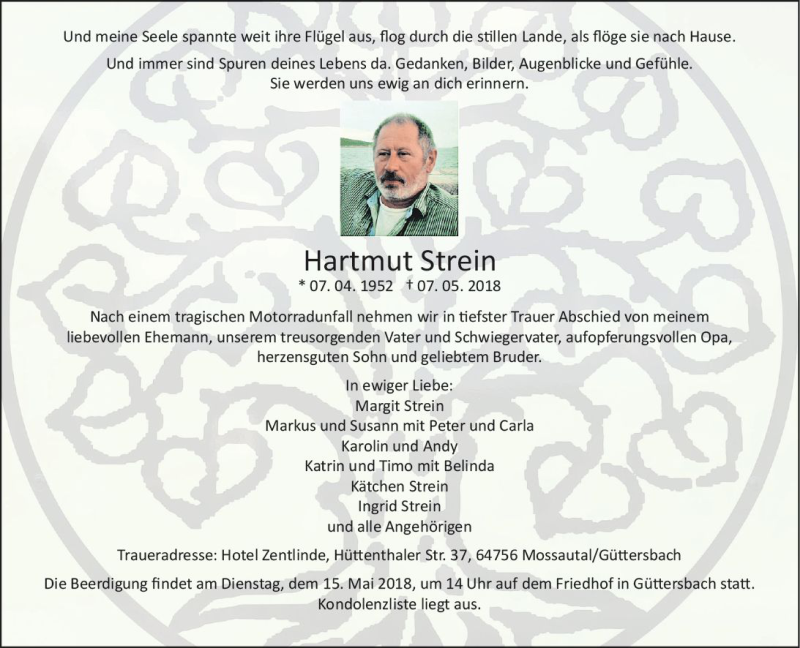  Traueranzeige für Hartmut Strein vom 12.05.2018 aus Trauerportal Rhein Main Presse