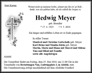 Traueranzeige von Hedwig Meyer von VRM Trauer