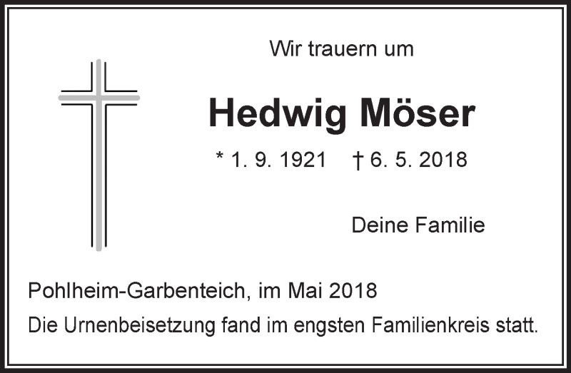  Traueranzeige für Hedwig Möser vom 19.05.2018 aus  Gießener Anzeiger