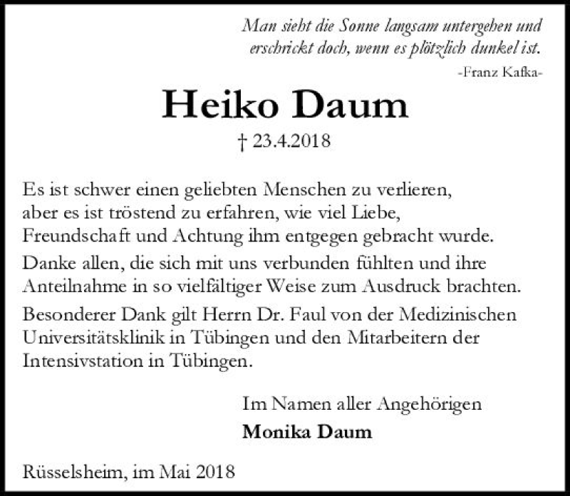  Traueranzeige für Heiko Daum vom 19.05.2018 aus Trauerportal Rhein Main Presse