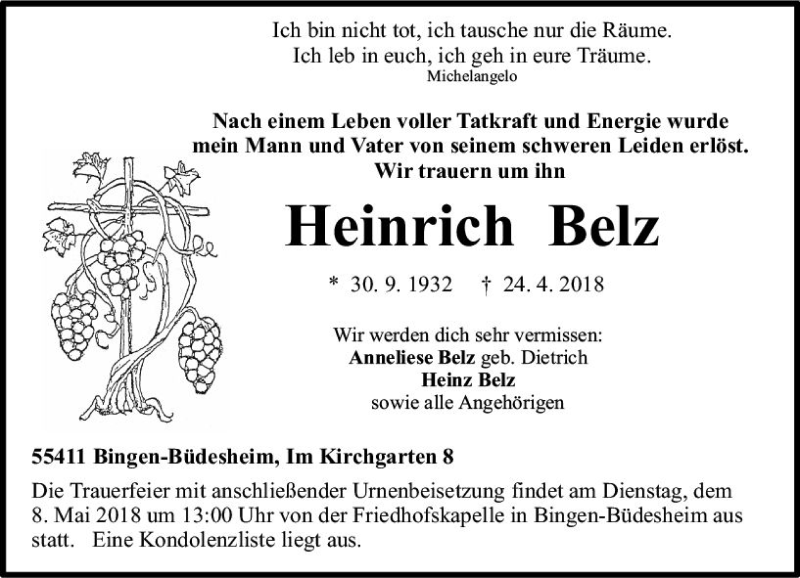  Traueranzeige für Heinrich Belz vom 05.05.2018 aus Trauerportal Rhein Main Presse