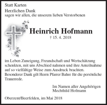 Traueranzeige von Heinrich Hofmann von Trauerportal Rhein Main Presse