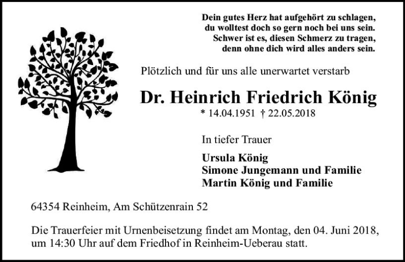  Traueranzeige für Heinrich Friedrich König vom 30.05.2018 aus Trauerportal Rhein Main Presse
