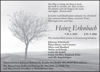 Traueranzeige von Heinz Erlenbach von Trauerportal Rhein Main Presse