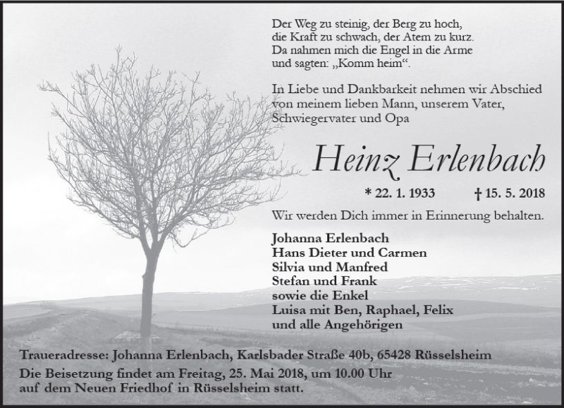  Traueranzeige für Heinz Erlenbach vom 19.05.2018 aus Trauerportal Rhein Main Presse