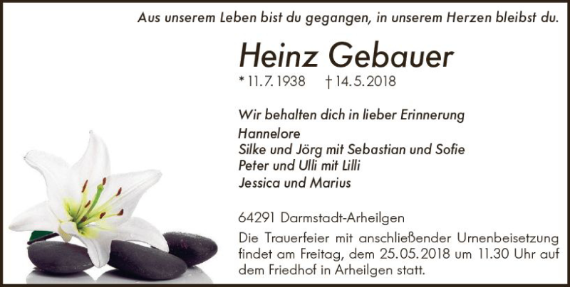  Traueranzeige für Heinz Gebauer vom 19.05.2018 aus Trauerportal Rhein Main Presse