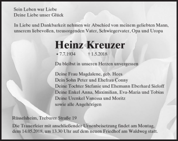 Traueranzeige von Heinz Kreuzer von Trauerportal Rhein Main Presse