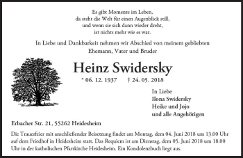 Traueranzeige von Heinz Swidersky von Trauerportal Rhein Main Presse
