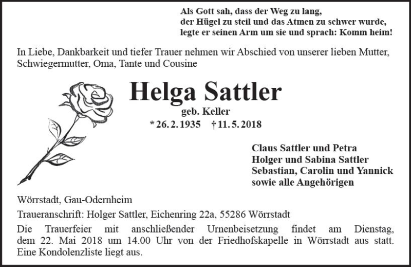  Traueranzeige für Helga Sattler vom 17.05.2018 aus Trauerportal Rhein Main Presse