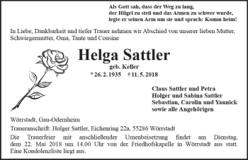 Traueranzeige von Helga Sattler von Trauerportal Rhein Main Presse