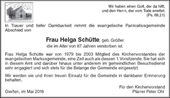 Traueranzeige von Helga Schütte von  Gießener Anzeiger