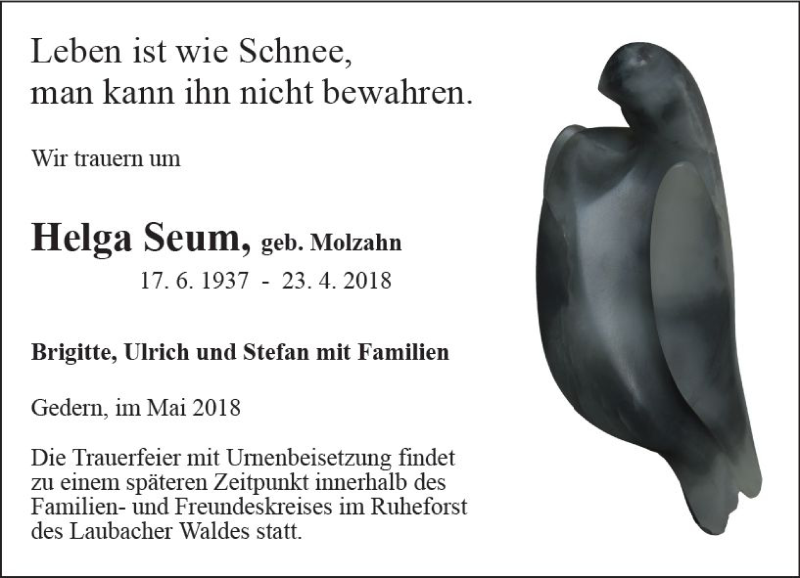  Traueranzeige für Helga Seum vom 12.05.2018 aus  Kreisanzeiger