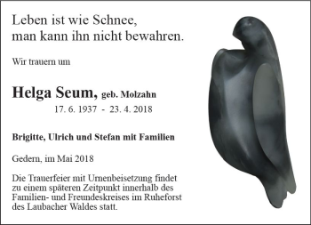 Traueranzeige von Helga Seum von  Kreisanzeiger