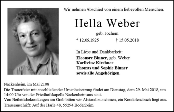 Traueranzeige von Hella Weber von Trauerportal Rhein Main Presse