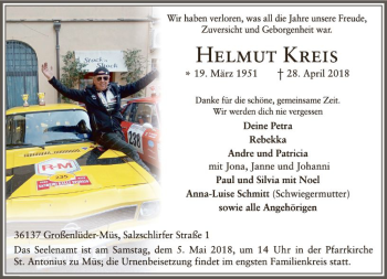 Traueranzeige von Helmut Kreis von VRM Trauer