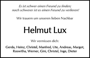 Traueranzeige von Helmut Lux von  Kreisanzeiger