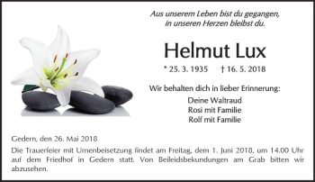 Traueranzeige von Helmut Lux von  Kreisanzeiger