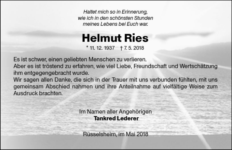  Traueranzeige für Helmut Ries vom 26.05.2018 aus Trauerportal Rhein Main Presse