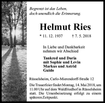 Traueranzeige von Helmut Ries von Trauerportal Rhein Main Presse