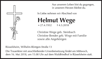 Traueranzeige von Helmut Wege von Trauerportal Rhein Main Presse
