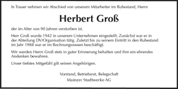 Traueranzeige von Herbert Groß von Trauerportal Rhein Main Presse