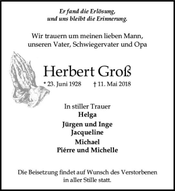 Traueranzeige von Herbert Groß von Trauerportal Rhein Main Presse
