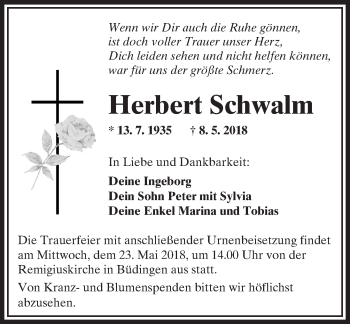 Traueranzeige von Herbert Schwalm von  Kreisanzeiger