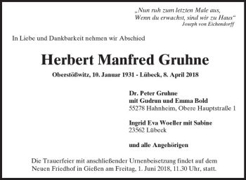 Traueranzeige von Herbert Manfred Gruhne von  Gießener Anzeiger
