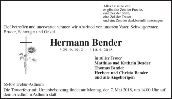 Traueranzeige von Hermann Bender von Trauerportal Rhein Main Presse