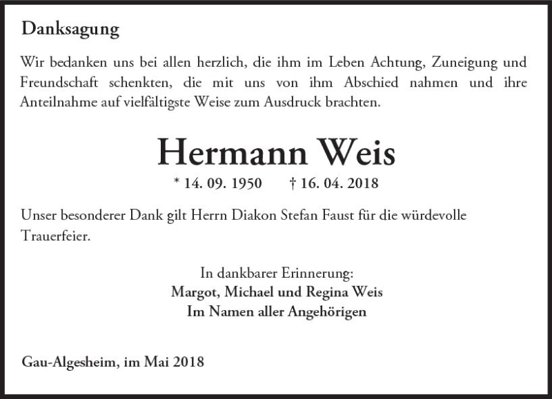  Traueranzeige für Hermann Weis vom 12.05.2018 aus Trauerportal Rhein Main Presse