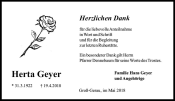 Traueranzeige von Herta Geyer von Trauerportal Rhein Main Presse