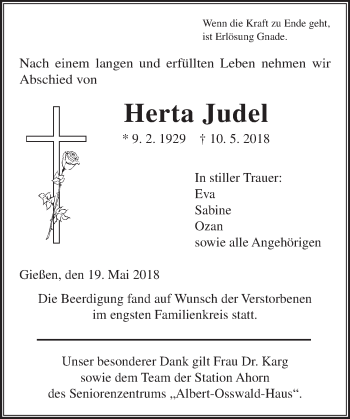 Traueranzeige von Herta Judel von  Gießener Anzeiger