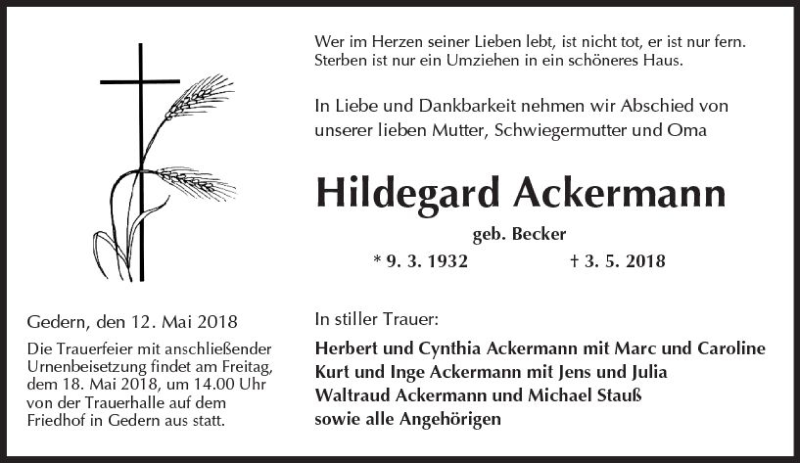  Traueranzeige für Hildegard Ackermann vom 12.05.2018 aus  Kreisanzeiger