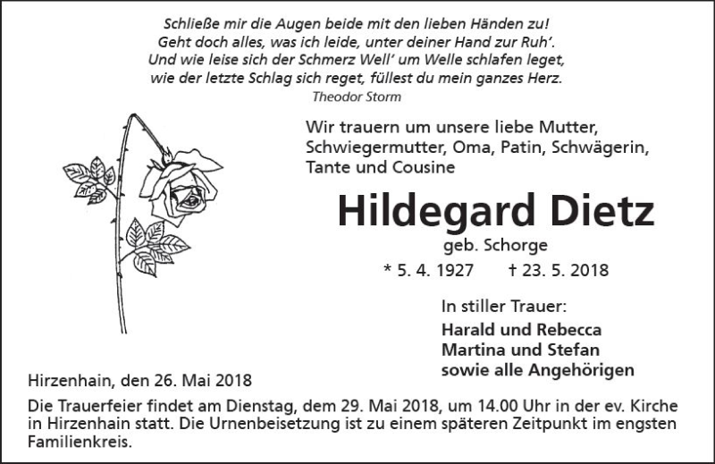  Traueranzeige für Hildegard Dietz vom 26.05.2018 aus  Kreisanzeiger