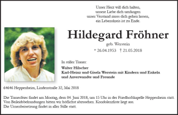 Traueranzeige von Hildegard Fröhner von Trauerportal Rhein Main Presse