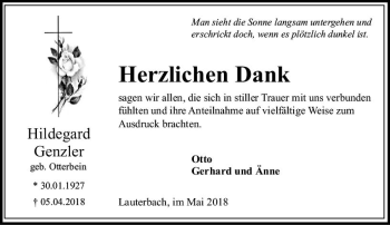 Traueranzeige von Hildegard Genzler von VRM Trauer