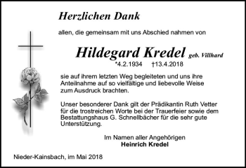 Traueranzeige von Hildegard Kredel von Trauerportal Rhein Main Presse