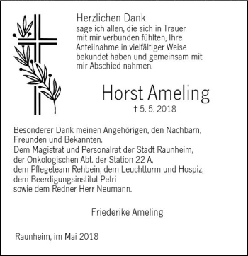 Traueranzeige von Horst Ameling von Trauerportal Rhein Main Presse