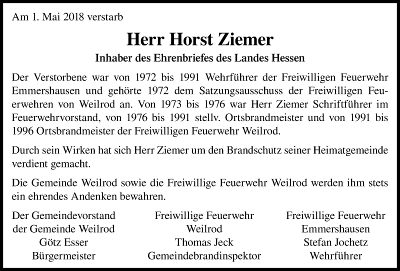  Traueranzeige für Horst Ziemer vom 19.05.2018 aus  Usinger Anzeiger