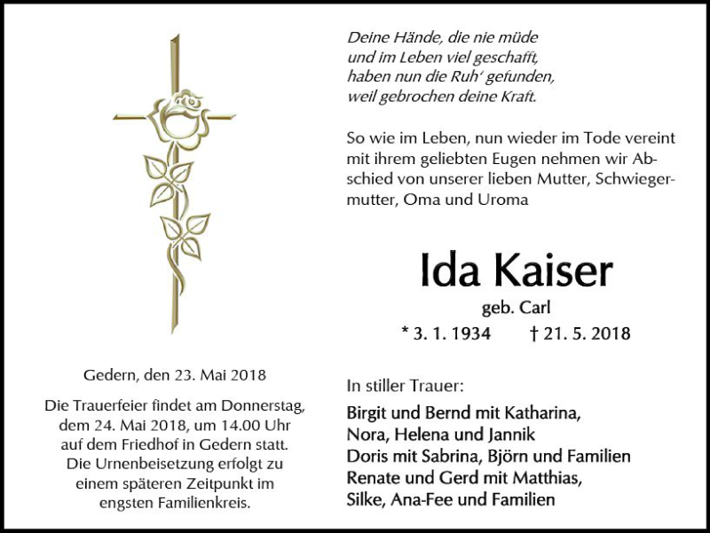  Traueranzeige für Ida Kaiser vom 23.05.2018 aus  Kreisanzeiger