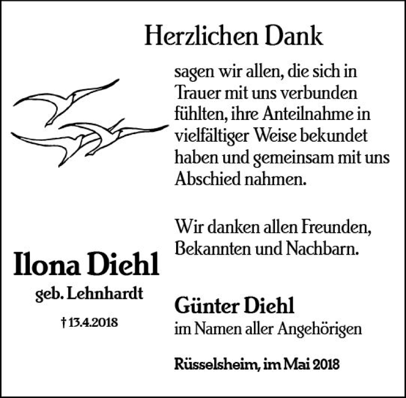  Traueranzeige für Ilona Diehl vom 19.05.2018 aus Trauerportal Rhein Main Presse