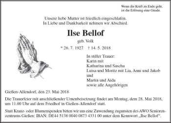 Traueranzeige von Ilse Bellof von  Gießener Anzeiger