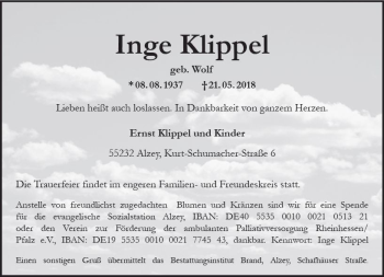 Traueranzeige von Inge Klippel von Trauerportal Rhein Main Presse