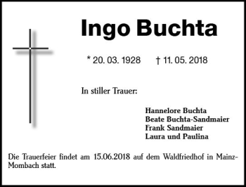 Traueranzeige von Ingo Buchta von Trauerportal Rhein Main Presse