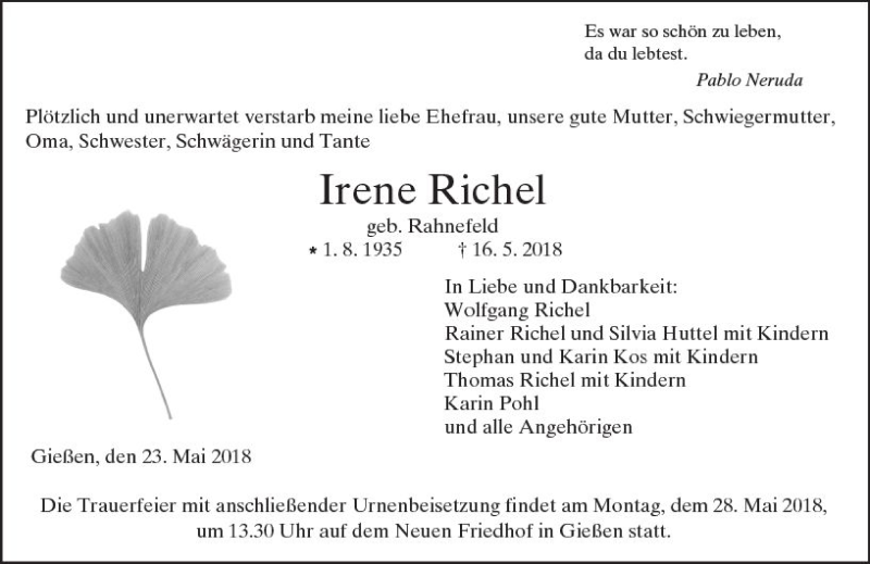  Traueranzeige für Irene Richel vom 23.05.2018 aus  Gießener Anzeiger