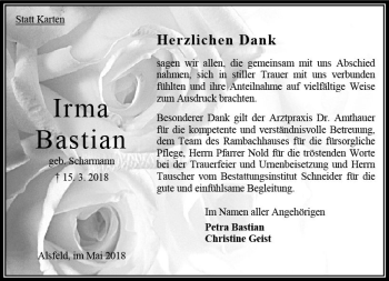 Traueranzeige von Irma Bastian von VRM Trauer