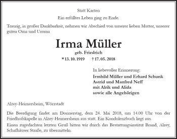 Traueranzeige von Irma Müller von Trauerportal Rhein Main Presse