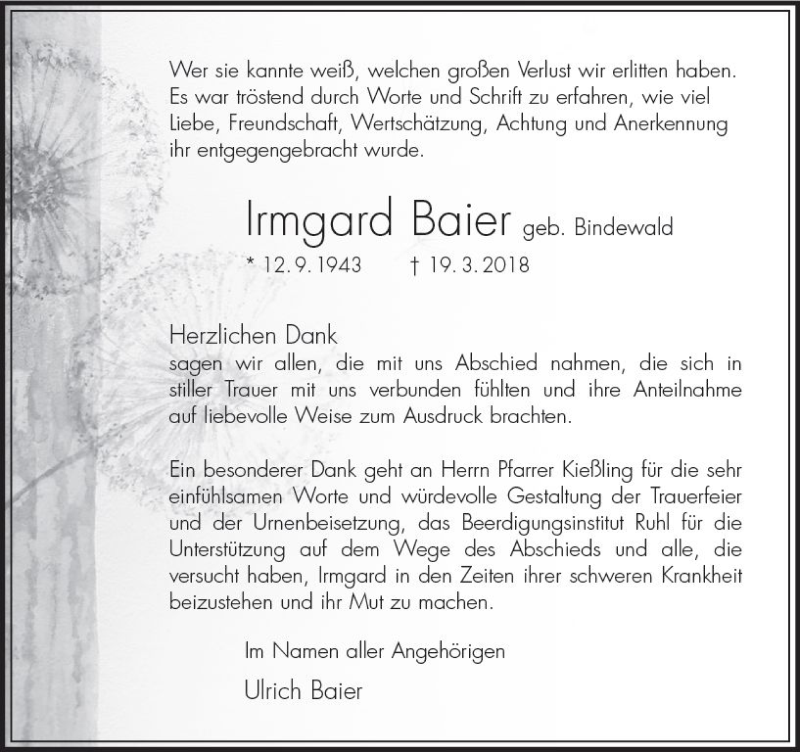  Traueranzeige für Irmgard Baier vom 05.05.2018 aus VRM Trauer