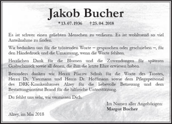Traueranzeige von Jakob Bucher von Trauerportal Rhein Main Presse