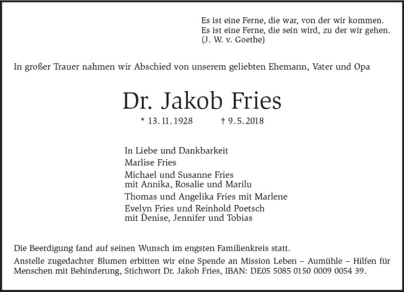  Traueranzeige für Jakob Fries vom 19.05.2018 aus Trauerportal Rhein Main Presse